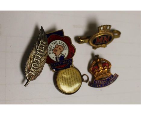 Small collection of metal and enamel badges including, Merchant Navy, Mother, George VI & Queen Elizabeth,etc, (5)
