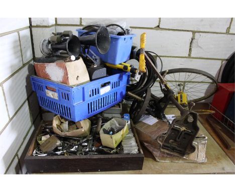Collection of tools, bike parts, horn , etc