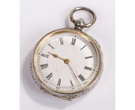 Silver pocket watch, the white enamel dial with Roman hour markers, diameter of case 40 mm