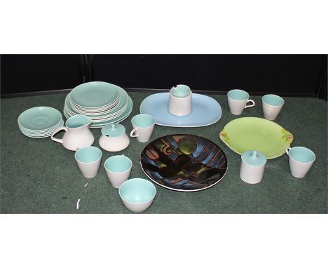 1960s Poole Pottery Service in mottled ice green and seagull,together with a Poole Pottery wall plate, (Qty)