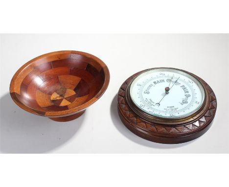 English circular barometer, diameter 29cm, and a parquetry bowl, height 10cm (2) 