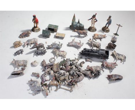 Collection of metal toys to include farm animals, train engine soldiers etc. (qty)