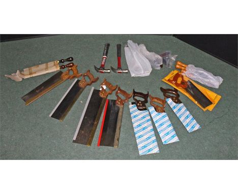 Collection of tools, to include a selection of saws, some as new,  a square, hammers, etc, (qty)