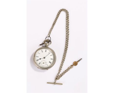 Open face pocket watch, the white enamel dial with Roman hours and subsidiary seconds dial, together with a watch chain