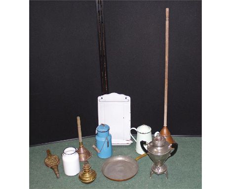 Collection of kitchenalia, to include an enamel coffee pot, an enamel wall unit, two enamel storage jars, and an electric tea