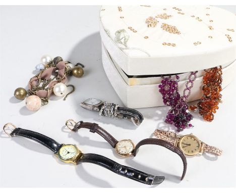 Cyma ladies 9 carat gold ladies wristwatch, together with three further wristwatches, necklaces, Army Ordnance enamel badge, 