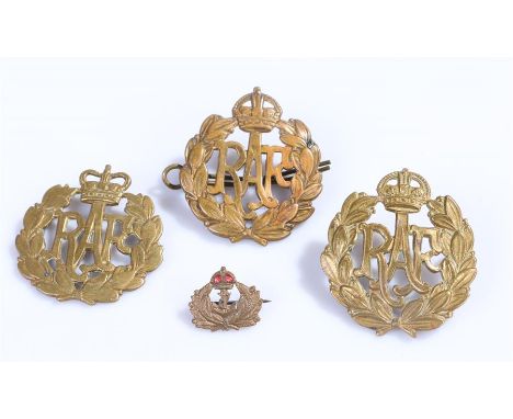 Two WW2 era RAF other ranks cap badges together with a post 1952 RAF cap badge, a Devonshire  Regiment cap badge and a Royal 