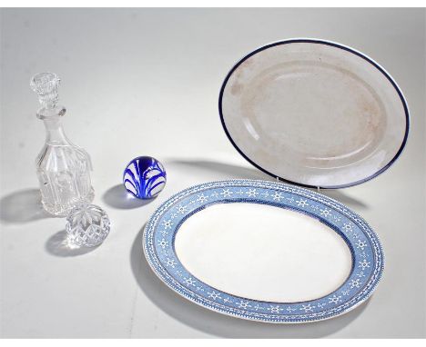 Mixed lot, to include two meat plates, a Langham paperweight, decanter, and another paperweight (5) 