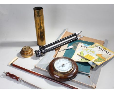 Mixed lot to include weights, a walking stick, a Reader's Digest atlas, a barometer, and a tripod (qty) 