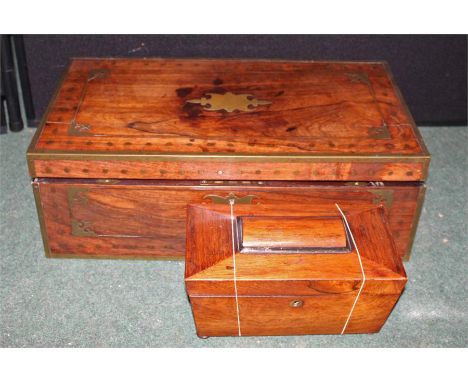 19th Century rosewood writing slope, with brass inlay, 51cm wide, together with a rosewood tea caddy, (2)