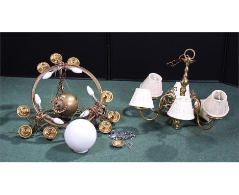 Gilded chandelier with domed main light surrounded by a circular frame containing six bulbs and provision for nine candles (h