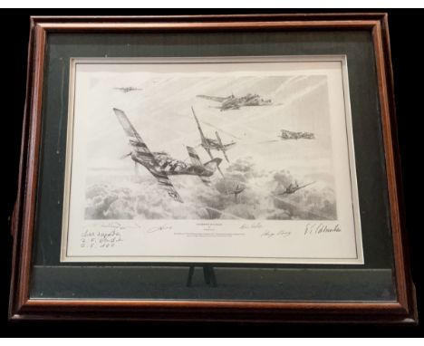 Gathering of Eagles Aces High Edition WWII multi signed 31x25 mounted and framed print 5, signatures include artist Robert Ta