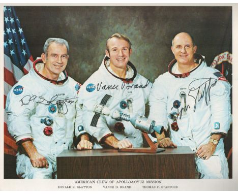 Donald K. Slayton, Vance D. Brand and Thomas P. Stafford signed NASA original 10x8 American Crew of Apollo-Soyuz Mission colo