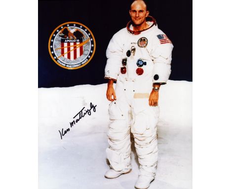 Thomas K. Mattingly, II signed Apollo 16, 10x8 inch colour photo pictured in space suit. From single vendor Space Astronaut c