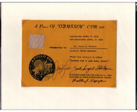 Apollo 13 flown fragment presentation titled A piece of ODYSSEY CSM 109 presented to Mr James R Harkin launch team member sig