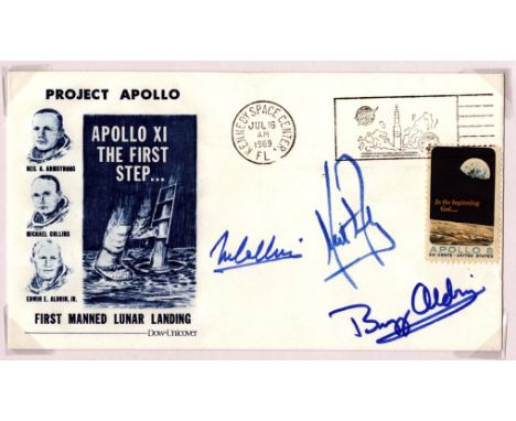 Neil Armstrong, Michael Collins and Buzz Aldrin signed Apollo XI First Manned Lunar Landing Insurance cover PM Kennedy Space 