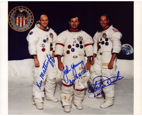 Thomas K. Mattingly, II, John W Young and Charles Duke JR signed Apollo 16 10x8 inch colour photo all pictured in space suits