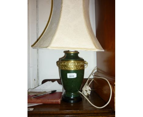 Modern patinated and gilt metal table lamp base with cream damask shade