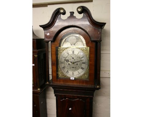 George III mahogany longcase clock, the broken arch hood with swan neck pediment and flanking pilasters above a shaped panell