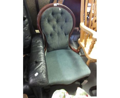 Victorian walnut blue button upholstered spoon back chair on turned front supports