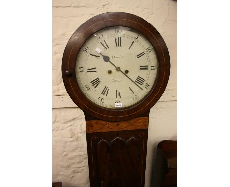 Early 19th Century mahogany and inlaid trunk dial wall clock, the circular painted dial with Arabic and Roman numerals, signe