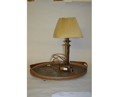 Oval copper two handled galleried tray together with a modern brass table lamp