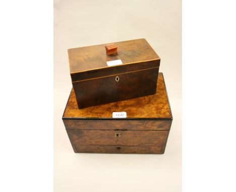 Victorian burr walnut dressing case (minus interior) together with a George III mahogany and line inlaid tea caddy (a/f)
