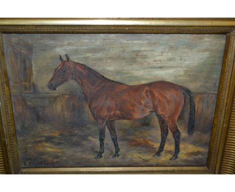 W. Wasdell Trickett, signed oil on canvas, portrait of a horse in a stable, gilt framed, 11ins x 15ins