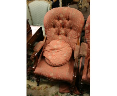 Similar Victorian button upholstered open armchair on baluster turned supports