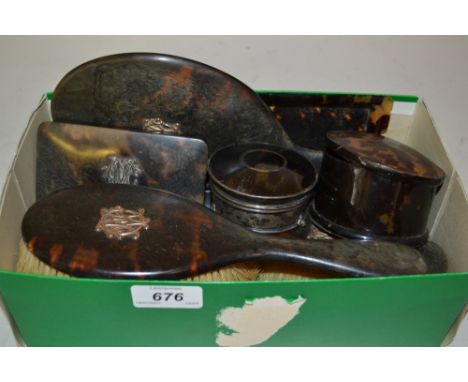 Birmingham silver and tortoiseshell trinket box together with a set of tortoiseshell dressing table brushes, boxes etc.