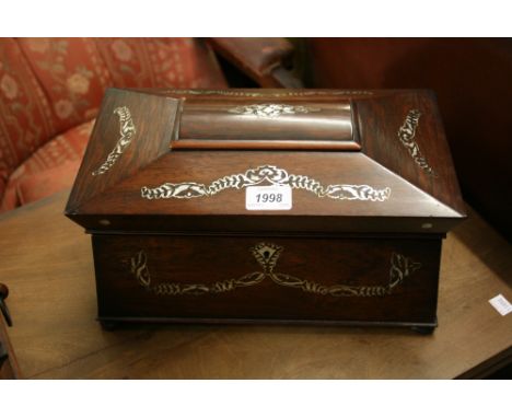 William IV rosewood and mother of pearl inlaid sarcophagus shaped tea caddy (interior a/f)