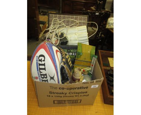 Signed rugby ball, catchers mitt, backgammon set, other games and sports related items, Hornby level crossing, battern operat