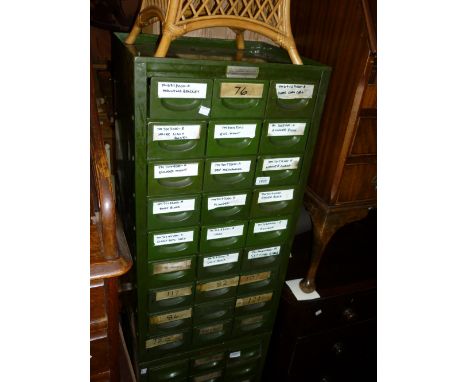 Pair of mid 20th Century green enamel twenty seven drawer tool cabinets with tray tops, 36ins x 18ins x 15ins