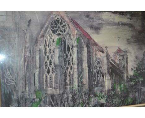 John Piper, coloured lithograph, study of a church, 22ins x 30ins, framed