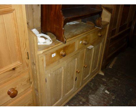 19th Century stripped pine dresser with a boarded shelf back above two drawers with two cupboard doors below