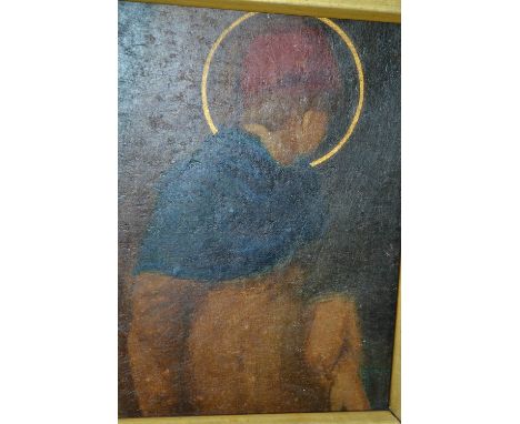 Oil on canvas laid on card, portrait of a figure with a halo, together with a rosewood framed oil, portrait of a Florentine g