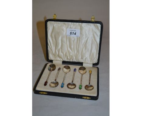 Cased set of six Art Deco Birmingham silver enamel decorated teaspoons