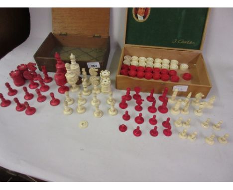 19th Century bone and red stained chess set (a/f) and another smaller bone white and red stained chess and backgammon set (la