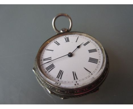 Small silver cased open face pocket watch, the enamel dial with Roman numerals and key wind movement