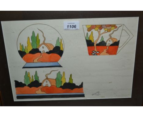 Framed Clarice Cliff design with printed stamp, 9ins x 13ins