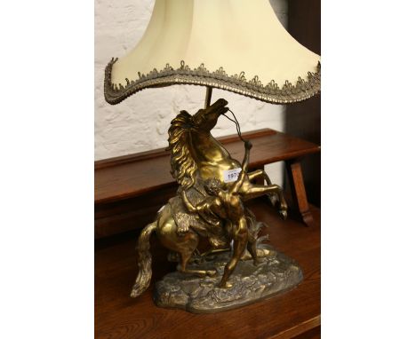 19th Century gilt brass lamp base in the form of a Marli horse group