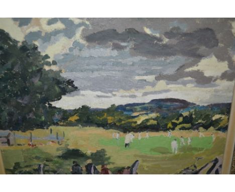 Modern British school oil on canvas, study of a cricket match, portrait verso, 14ins x 18ins