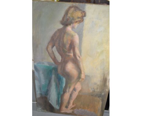 Unframed oil on canvas, full length portrait of a nude female with portrait verso, and another similar full length portrait o