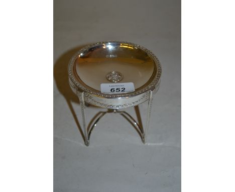 Sheffield silver trinket dish in the form of a miniature occasional table, the circular dish top above a swag decorated friez