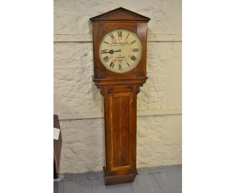 Unusual Victorian oak longcase station clock (formerly in use at Boxhill station, near Dorking), the architectural case with 