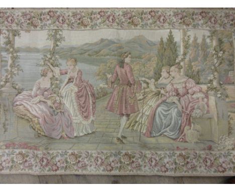 Machine tapestry, figures in a Continental riverside garden, 25ins x 43ins