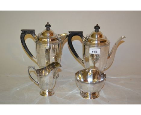 Sheffield silver four piece tea service of circular faceted design, the teapot, cream jug and sugar bowl, Sheffield 1932, the