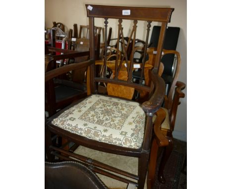 Edwardian mahogany and line inlaid drawing room elbow chair and an oak stool with curved seat and bobbin turned supports