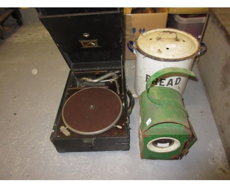 ' His Master's Voice ' wind-up gramophone (a/f), a green Murphy lantern, an animal bread bin and cover