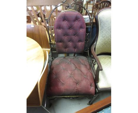 Victorian black painted and gilded Gothic style chair with a button upholstered back and seat N.B.  By repute formerly the pr